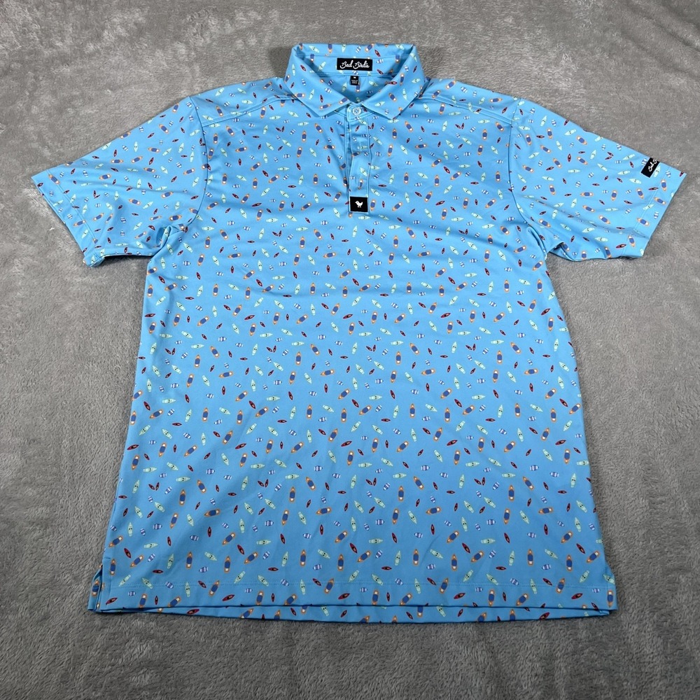 Bad Birdie Polo Shirt Mens Medium Blue AOP Boat Print‎ Golf Performance Stretch